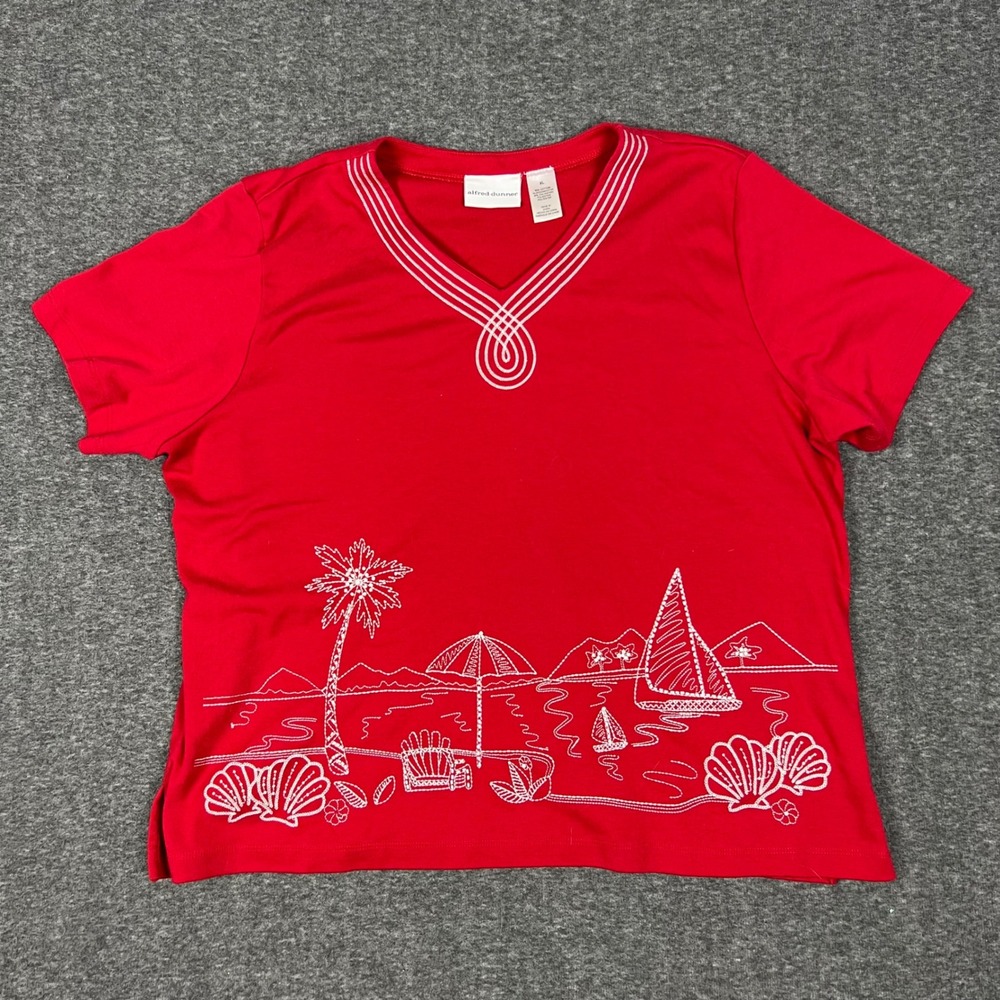 Alfred Dunner Coastal Beach Top Women's XL Red Embroidered Beaded Granny Core